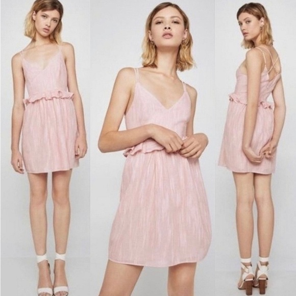 BCBGeneration Cocktail Mini Dress Textured Stripes Ruffle Pink Sz 0 Balletcore - Picture 1 of 13